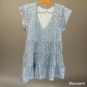 Altar'd State Blue Daisy Floral Tiered V-Neck Dress Women's Size M Blue BabyDoll